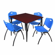 48 IN. SQUARE BREAKROOM TABLE- MAHOGANY TOP, BLACK BASE & 4 M STACK CHAIRS- BLUE <FONT COLOR=GREEN>-FREE SHIPPING-</FONT>