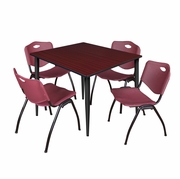 48 IN. SQUARE BREAKROOM TABLE- MAHOGANY TOP, BLACK BASE & 4 M STACK CHAIRS- BURGUNDY <FONT COLOR=GREEN>-FREE SHIPPING-</FONT>
