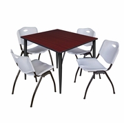 48 IN. SQUARE BREAKROOM TABLE- MAHOGANY TOP, BLACK BASE & 4 M STACK CHAIRS- GREY <FONT COLOR=GREEN>-FREE SHIPPING-</FONT>