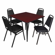48 IN. SQUARE BREAKROOM TABLE- MAHOGANY TOP, BLACK BASE & 4 RESTAURANT STACK CHAIRS- BLACK <FONT COLOR=GREEN>-FREE SHIPPING-</FONT>