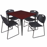 48 IN. SQUARE BREAKROOM TABLE- MAHOGANY TOP, BLACK BASE & 4 STACK CHAIRS- BLACK <FONT COLOR=GREEN>-FREE SHIPPING-</FONT>