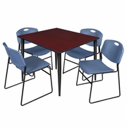 48 IN. SQUARE BREAKROOM TABLE- MAHOGANY TOP, BLACK BASE & 4 STACK CHAIRS- BLUE <FONT COLOR=GREEN>-FREE SHIPPING-</FONT>