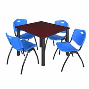 48 IN SQUARE BREAKROOM TABLE- MAHOGANY TOP, BLACK LEGS, 4 M STACK CHAIRS- BLUE <FONT COLOR=GREEN>-FREE SHIPPING-</FONT>
