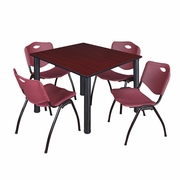 48 IN SQUARE BREAKROOM TABLE- MAHOGANY TOP, BLACK LEGS, 4 M STACK CHAIRS- BURGUNDY <FONT COLOR=GREEN>-FREE SHIPPING-</FONT>