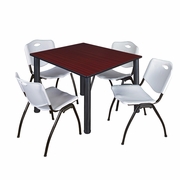 48 IN SQUARE BREAKROOM TABLE- MAHOGANY TOP, BLACK LEGS, 4 M STACK CHAIRS- GREY <FONT COLOR=GREEN>-FREE SHIPPING-</FONT>