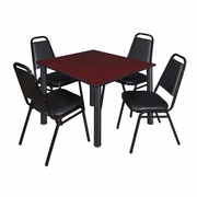 48 IN SQUARE BREAKROOM TABLE- MAHOGANY TOP, BLACK LEGS, 4 RESTAURANT STACK CHAIRS <FONT COLOR=GREEN>-FREE SHIPPING-</FONT>