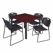 48 IN SQUARE BREAKROOM TABLE- MAHOGANY TOP, BLACK LEGS, 4 STACK CHAIRS- BLACK <FONT COLOR=GREEN>-FREE SHIPPING-</FONT>