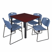 48 IN SQUARE BREAKROOM TABLE- MAHOGANY TOP, BLACK LEGS, 4 STACK CHAIRS- BLUE <FONT COLOR=GREEN>-FREE SHIPPING-</FONT>