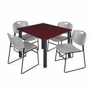 48 IN SQUARE BREAKROOM TABLE- MAHOGANY TOP, BLACK LEGS, 4 STACK CHAIRS- GREY <FONT COLOR=GREEN>-FREE SHIPPING-</FONT>