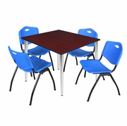 48 IN. SQUARE BREAKROOM TABLE- MAHOGANY TOP, CHROME BASE & 4 M STACK CHAIRS- BLUE <FONT COLOR=GREEN>-FREE SHIPPING-</FONT>
