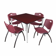 48 IN. SQUARE BREAKROOM TABLE- MAHOGANY TOP, CHROME BASE & 4 M STACK CHAIRS- BURGUNDY <FONT COLOR=GREEN>-FREE SHIPPING-</FONT>