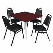 48 IN. SQUARE BREAKROOM TABLE- MAHOGANY TOP, CHROME BASE & 4 RESTAURANT STACK CHAIRS- BLACK <FONT COLOR=GREEN>-FREE SHIPPING-</FONT>