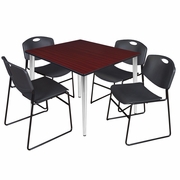 48 IN. SQUARE BREAKROOM TABLE- MAHOGANY TOP, CHROME BASE & 4 STACK CHAIRS- BLACK <FONT COLOR=GREEN>-FREE SHIPPING-</FONT>