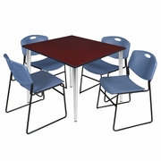 48 IN. SQUARE BREAKROOM TABLE- MAHOGANY TOP, CHROME BASE & 4 STACK CHAIRS- BLUE <FONT COLOR=GREEN>-FREE SHIPPING-</FONT>