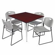48 IN. SQUARE BREAKROOM TABLE- MAHOGANY TOP, CHROME BASE & 4 STACK CHAIRS- GREY <FONT COLOR=GREEN>-FREE SHIPPING-</FONT>