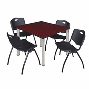 48 IN SQUARE BREAKROOM TABLE- MAHOGANY TOP, CHROME LEGS, 4 M STACK CHAIRS- BLACK <FONT COLOR=GREEN>-FREE SHIPPING-</FONT>