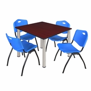 48 IN SQUARE BREAKROOM TABLE- MAHOGANY TOP, CHROME LEGS, 4 M STACK CHAIRS- BLUE <FONT COLOR=GREEN>-FREE SHIPPING-</FONT>