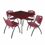 48 IN SQUARE BREAKROOM TABLE- MAHOGANY TOP, CHROME LEGS, 4 M STACK CHAIRS- BURGUNDY <FONT COLOR=GREEN>-FREE SHIPPING-</FONT>