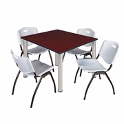 48 IN SQUARE BREAKROOM TABLE- MAHOGANY TOP, CHROME LEGS, 4 M STACK CHAIRS- GREY <FONT COLOR=GREEN>-FREE SHIPPING-</FONT>