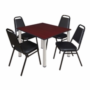 48 IN SQUARE BREAKROOM TABLE- MAHOGANY TOP, CHROME LEGS, 4 RESTAURANT STACK CHAIRS <FONT COLOR=GREEN>-FREE SHIPPING-</FONT>