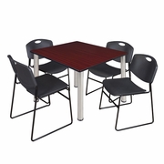 48 IN SQUARE BREAKROOM TABLE- MAHOGANY TOP, CHROME LEGS, 4 STACK CHAIRS- BLACK <FONT COLOR=GREEN>-FREE SHIPPING-</FONT>