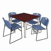 48 IN SQUARE BREAKROOM TABLE- MAHOGANY TOP, CHROME LEGS, 4 STACK CHAIRS- BLUE <FONT COLOR=GREEN>-FREE SHIPPING-</FONT>