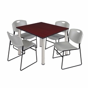 48 IN SQUARE BREAKROOM TABLE- MAHOGANY TOP, CHROME LEGS, 4 STACK CHAIRS- GREY <FONT COLOR=GREEN>-FREE SHIPPING-</FONT>