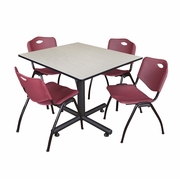 48 IN. SQUARE BREAKROOM TABLE- MAPLE, 4 M STACK CHAIRS- BURGUNDY <FONT COLOR=GREEN>-FREE SHIPPING-</FONT>