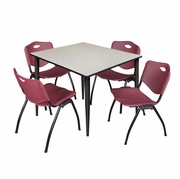 48 IN. SQUARE BREAKROOM TABLE- MAPLE TOP, BLACK BASE & 4 M STACK CHAIRS- BURGUNDY <FONT COLOR=GREEN>-FREE SHIPPING-</FONT>