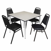 48 IN. SQUARE BREAKROOM TABLE- MAPLE TOP, CHROME BASE & 4 RESTAURANT STACK CHAIRS- BLACK <FONT COLOR=GREEN>-FREE SHIPPING-</FONT>