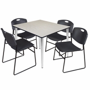 48 IN. SQUARE BREAKROOM TABLE- MAPLE TOP, CHROME BASE & 4 STACK CHAIRS- BLACK <FONT COLOR=GREEN>-FREE SHIPPING-</FONT>