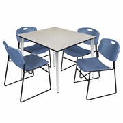 48 IN. SQUARE BREAKROOM TABLE- MAPLE TOP, CHROME BASE & 4 STACK CHAIRS- BLUE <FONT COLOR=GREEN>-FREE SHIPPING-</FONT>