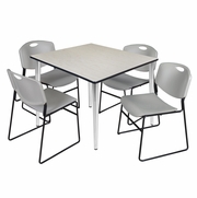 48 IN. SQUARE BREAKROOM TABLE- MAPLE TOP, CHROME BASE & 4 STACK CHAIRS- GREY <FONT COLOR=GREEN>-FREE SHIPPING-</FONT>