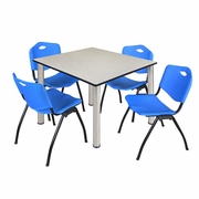 48 IN SQUARE BREAKROOM TABLE- MAPLE TOP, CHROME LEGS, 4 M STACK CHAIRS- BLUE <FONT COLOR=GREEN>-FREE SHIPPING-</FONT>