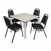 48 IN SQUARE BREAKROOM TABLE- MAPLE TOP, CHROME LEGS, 4 RESTAURANT STACK CHAIRS <FONT COLOR=GREEN>-FREE SHIPPING-</FONT>