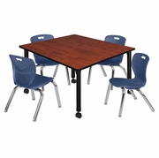 48 IN. SQUARE MOBILE ADJUSTABLE CLASSROOM TABLE- CHERRY & 4 ANDY 12 IN. STACK CHAIRS- BLUE <FONT COLOR=GREEN>-FREE SHIPPING-</FONT>