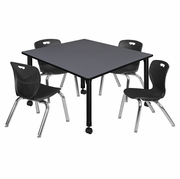 48 IN. SQUARE MOBILE ADJUSTABLE CLASSROOM TABLE- GREY & 4 ANDY 12 IN. STACK CHAIRS- BLACK <FONT COLOR=GREEN>-FREE SHIPPING-</FONT>
