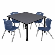 48 IN. SQUARE MOBILE ADJUSTABLE CLASSROOM TABLE- GREY & 4 ANDY 12 IN. STACK CHAIRS- BLUE <FONT COLOR=GREEN>-FREE SHIPPING-</FONT>