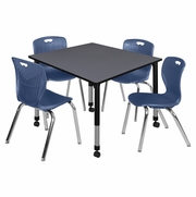 48 IN. SQUARE MOBILE ADJUSTABLE CLASSROOM TABLE- GREY & 4 ANDY 18 IN. STACK CHAIRS- BLUE <FONT COLOR=GREEN>-FREE SHIPPING-</FONT>