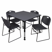 48 IN. SQUARE MOBILE ADJUSTABLE CLASSROOM TABLE- GREY & 4 STACK CHAIRS- BLACK <FONT COLOR=GREEN>-FREE SHIPPING-</FONT>