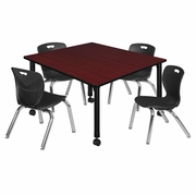 48 IN. SQUARE MOBILE ADJUSTABLE CLASSROOM TABLE- MAHOGANY & 4 ANDY 12 IN. STACK CHAIRS- BLACK <FONT COLOR=GREEN>-FREE SHIPPING-</FONT>