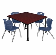 48 IN. SQUARE MOBILE ADJUSTABLE CLASSROOM TABLE- MAHOGANY & 4 ANDY 12 IN. STACK CHAIRS- BLUE <FONT COLOR=GREEN>-FREE SHIPPING-</FONT>