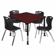 48 IN. SQUARE MOBILE ADJUSTABLE CLASSROOM TABLE- MAHOGANY & 4 ANDY 18 IN. STACK CHAIRS- BLACK <FONT COLOR=GREEN>-FREE SHIPPING-</FONT>