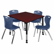 48 IN. SQUARE MOBILE ADJUSTABLE CLASSROOM TABLE- MAHOGANY & 4 ANDY 18 IN. STACK CHAIRS- BLUE <FONT COLOR=GREEN>-FREE SHIPPING-</FONT>