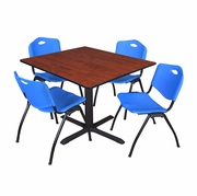 48 IN. SQUARE X-BASE BREAKROOM TABLE- CHERRY & 4 M STACK CHAIRS- BLUE <FONT COLOR=GREEN>-FREE SHIPPING-</FONT>