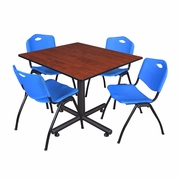 48 IN. SQUARE X-BASE BREAKROOM TABLE- CHERRY, 4 M STACK CHAIRS- BLUE <FONT COLOR=GREEN>-FREE SHIPPING-</FONT>