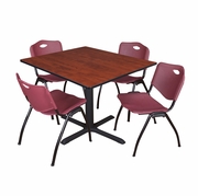 48 IN. SQUARE X-BASE BREAKROOM TABLE- CHERRY & 4 M STACK CHAIRS- BURGUNDY <FONT COLOR=GREEN>-FREE SHIPPING-</FONT>