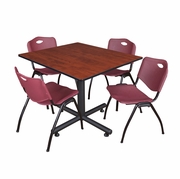 48 IN. SQUARE X-BASE BREAKROOM TABLE- CHERRY, 4 M STACK CHAIRS- BURGUNDY <FONT COLOR=GREEN>-FREE SHIPPING-</FONT>