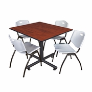 48 IN. SQUARE X-BASE BREAKROOM TABLE- CHERRY, 4 M STACK CHAIRS- GREY <FONT COLOR=GREEN>-FREE SHIPPING-</FONT>