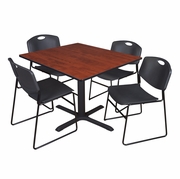 48 IN. SQUARE X-BASE BREAKROOM TABLE- CHERRY & 4 STACK CHAIRS- BLACK <FONT COLOR=GREEN>-FREE SHIPPING-</FONT>